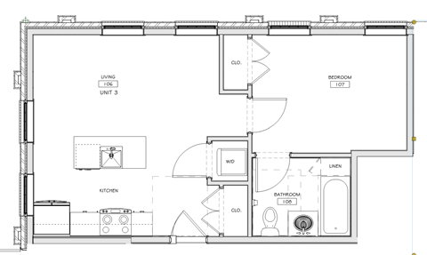 A floor plan of a living unit with a kitchen, bathroom, and linen.
